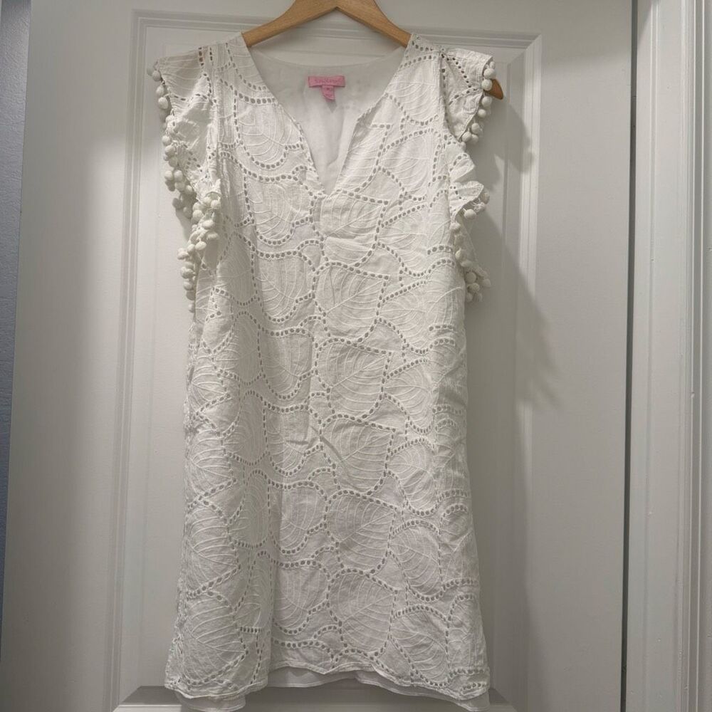 Lilly Pulitzer Astara dress in white eyelet featuring pom-pom trim Size M